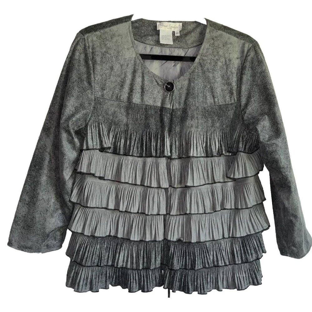 Great Cavalier Womens Tiered Ruffle Faux Suede Jacket Medium Grays Button